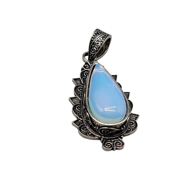 Boho-Style Opalite Teardrop Pendant Repousse Swirl Silver Plated Metal Setting - Picture 7 of 10